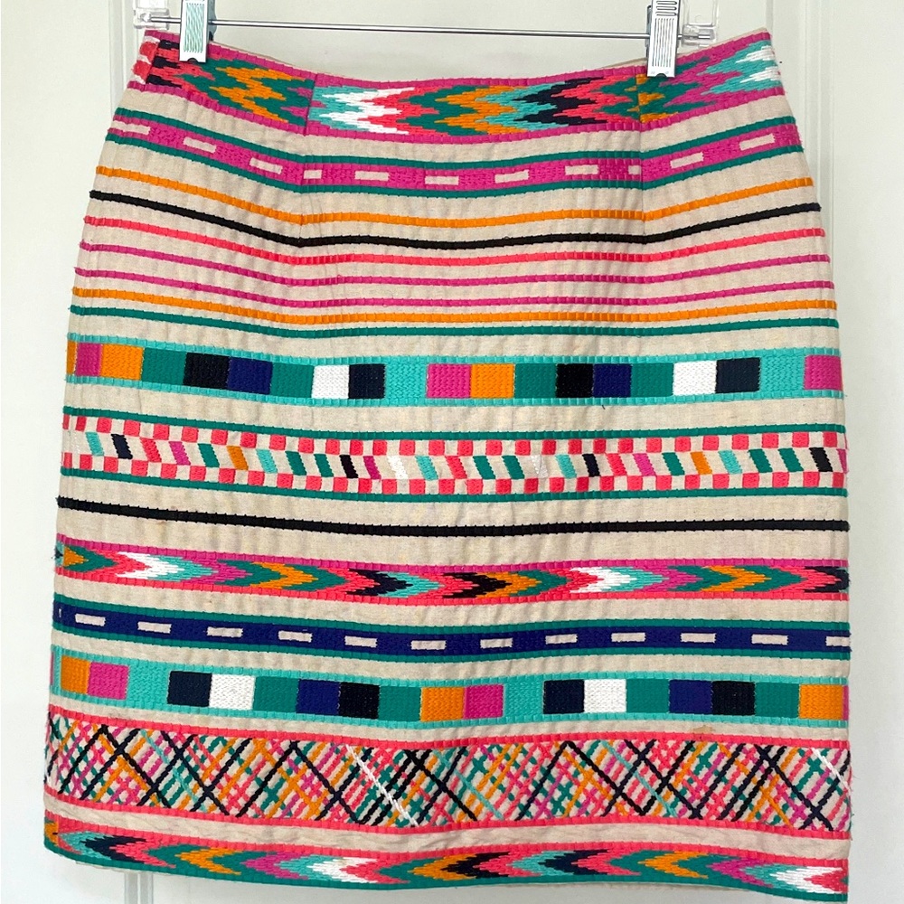 Etcetera Size 6 Embroidered Pencil Skirt Multicolor Linen Cotton Lined Stripes